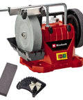 Built Tough Electric Wet Bench Grinder With High Speed Grinding Stone And Leather Honing Wheel For Crisp Knife Sharpening And Flawless Metal Polishing Around Town, side view with accessories.