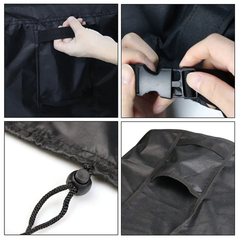 Close-ups of buckle and drawstring features on the 36 Inch Outdoor Prep Table Cover Weatherproof Heavy Duty Shield For Patio Stainless Steel Table.