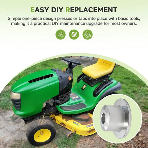 GX21137 Steering Linkage Front Axle Bushing For Classic Lawn Tractors showing easy DIY replacement on a riding mower with a yellow seat.