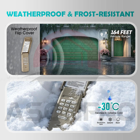 Wireless Universal Garage Door Opener Keypad For LiftMaster 878Max 877LM, weatherproof cover, in snow and open garage view