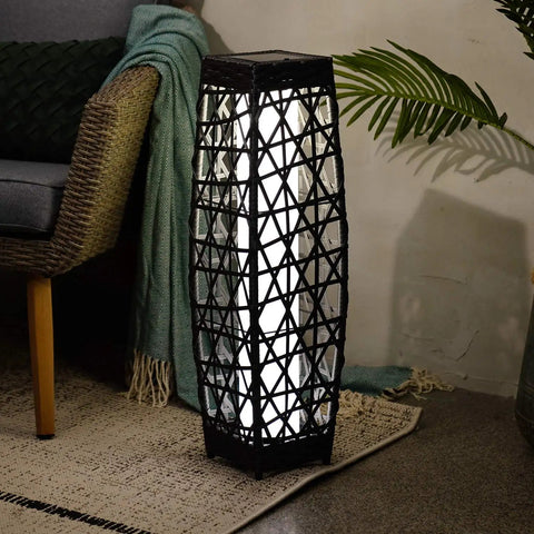 Outdoor Solar Powered Woven Wicker Lantern Floor Lamp For Deck Garden Lawn And Porch, Bright 40 Lumen Lighting glowing indoors.