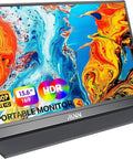 15.6 Inch Portable Monitor Fhd 1080P Usb Type C Hdmi IPS Glare Free Gaming Laptop External Display With Integrated Dual Speakers And Eye Care Technology For Sweet Desktop Setup on display stand with vibrant colors.