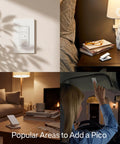 Smart Dimmer Switch Kit With Hub And Pico Remote, wall mount shown in living room, bedroom, and car use scenarios.