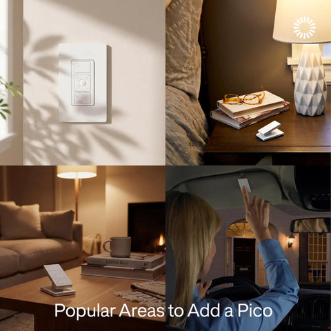 Smart Dimmer Switch Kit With Hub And Pico Remote, wall mount shown in living room, bedroom, and car use scenarios.
