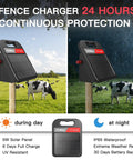 Rechargeable Fence Charger with 0.11J 10 Miles 8100V Max Output at day and night in field, showing waterproof design