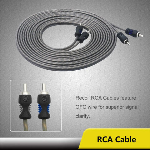Close-up of OFC RCA cables from Beefed Up 4 Gauge Amplifier Wiring Kit With OFC RCA Cables, 17 Ft Oxygen Free Copper Interconnect.