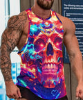 Killer Mens Sleeveless Tank Top Featuring Dope Neon Wolf And Flame Mechanical Skull Graphic Summer Muscle Tee worn by muscular man.