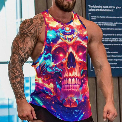 Killer Mens Sleeveless Tank Top Featuring Dope Neon Wolf And Flame Mechanical Skull Graphic Summer Muscle Tee worn by muscular man.