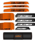 HORUSDY 40-piece reciprocating saw blade set for wood and metal with orange/black blades and a storage pouch