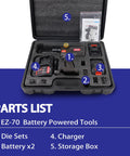Cordless Hydraulic Cable Crimper For 12AWG To 2/0AWG Wire With 20 Interchangeable Dies Dual Lithium Batteries and accessories in a storage case.