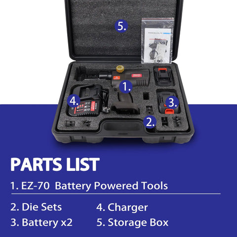 Cordless Hydraulic Cable Crimper For 12AWG To 2/0AWG Wire With 20 Interchangeable Dies Dual Lithium Batteries and accessories in a storage case.