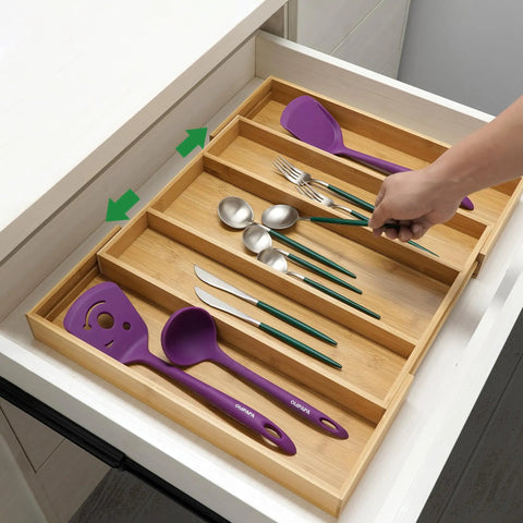 Expandable Bamboo Drawer Organizer For Kitchen Utensils And Flatware Adjustable Cutlery Tray And Knife Organizer Drawer Divider With Five Slots Fits Large Or Small Drawers Go To Kitchen Must Have Home Organizer in drawer with utensils placed.