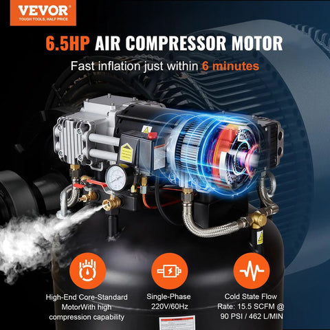 Quiet Badass 80 Gallon Air Compressor 6.5 HP Oil Free Tank cranks out 145 PSI air compressor motor with pressure gauge and quick inflation feature.