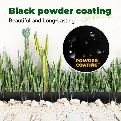 Black powder-coated Galvanized Steel Garden Edging 40 Inch Strips With 180 Degree Bend And Top Edge Protection in a garden setup.