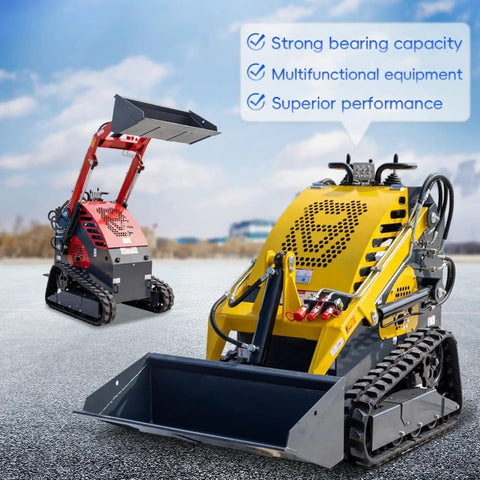 Compact 460 Mini Skid Steer Loader With Front Loader And Hydraulic Grapple Bucket Attachments in field with another loader