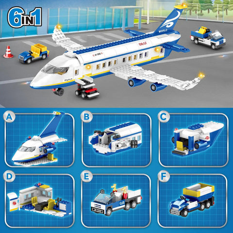 510 Piece City Passenger Airplane Building Set 6 In 1 Plane Building Blocks Toys For STEM Aircraft Bricks With Shuttle Bus