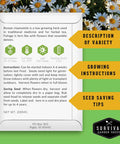 Herbal Tea Seed Pack For Planting With 9 Varieties Heirloom Non GMO Herbs For Teas And Remedies Grow Your Own Natural Remedies Home Apothecary Garden Kit Survival Garden Seeds features a description of Roman chamomile variety, growing instructions, and seed saving tips.