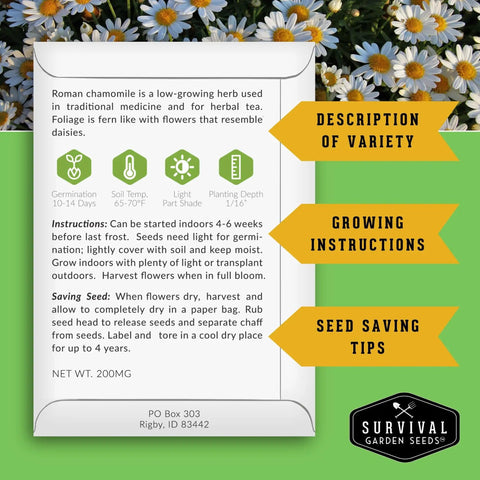 Herbal Tea Seed Pack For Planting With 9 Varieties Heirloom Non GMO Herbs For Teas And Remedies Grow Your Own Natural Remedies Home Apothecary Garden Kit Survival Garden Seeds features a description of Roman chamomile variety, growing instructions, and seed saving tips.