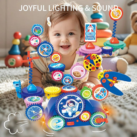Space Gear STEM Toy Set For Ages 3 And Up With Electric Drive System, 30 Piece Educational Construction Toys with gears, lights, and music