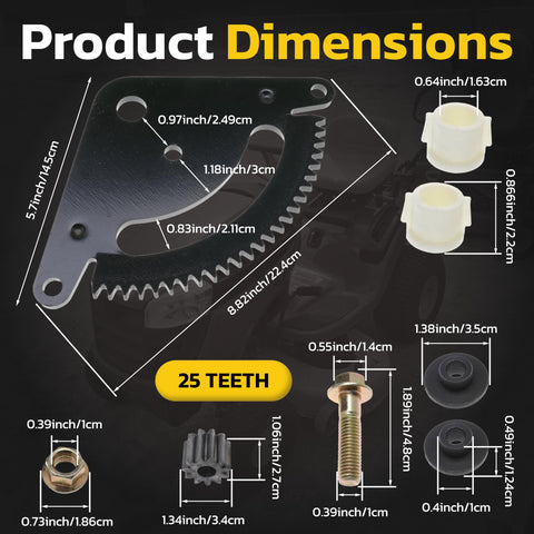 Product dimensions of Steering Sector Pinion Gear Repair Kit For John Deere Lawn Tractors with gear and bushings displayed