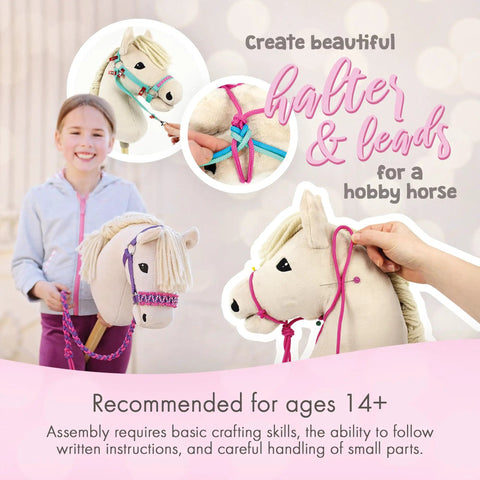 DIY Hobby Horse Halter Kit For Stick Horses, Create Head Collars, Rope Halters And Reins With Pastel Colors displayed.