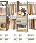 Real Game Changing Modular Closet System Set Of Two Expands From Six To Ten Feet Wide With Six Wooden Drawers Ten Sturdy Rods Built In LED Glass Shelves And Two Pants Bars For Bedroom Storage That Is Built Different And Just Works. Modular closet with six wooden drawers and LED glass shelves.