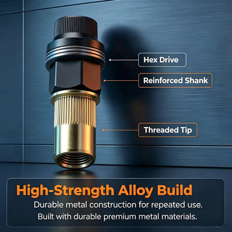 Full Size Carbon Steel Rivet Nut Tool Kit Featuring Universal Mandrels Across M3 To M12 Sizes Loaded With Quality Metric Threaded Inserts Bulked Up For Garage Grind And Zero Sweat Setup showing high-strength alloy build with hex drive, reinforced shank, and threaded tip.