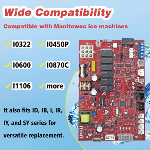 Indigo Ice Maker Control Board Replacement For Indigo Series Machines I0600 I0870C I1106 ID IB I IR IY SY With Spare Part Numbers 000008309 000014150 MAN000008309 Plug And Play Setup For Reliable Ice Production And Easy Install Commercial Units, red circuit board