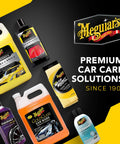 Assortment of Meguiar's car care products including wash, wax, and scratch remover with premium solutions branding.