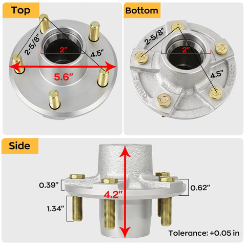 LockAndLoad 2000Lb Boat Trailer Hub Assembly With SmoothOperator sealed bearings dimensions top bottom side view