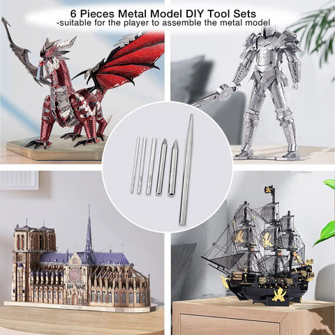 6 Piece Metal Model Tools Set For DIY 3D Puzzles With Edge Bend And Tab Bend Tools shown with assembled metal models.