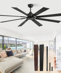 72 Inch Ceiling Fan No Light With Remote Control 8 Blades Quiet DC Reversible Motor 6 Speed Timer Black Finish Indoor Outdoor