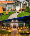 Solar Outdoor Torch Lights With Flickering Flame For Backyard And Garden Decor Waterproof LED Pathway Lanterns for Patio shown in front yard during day and night