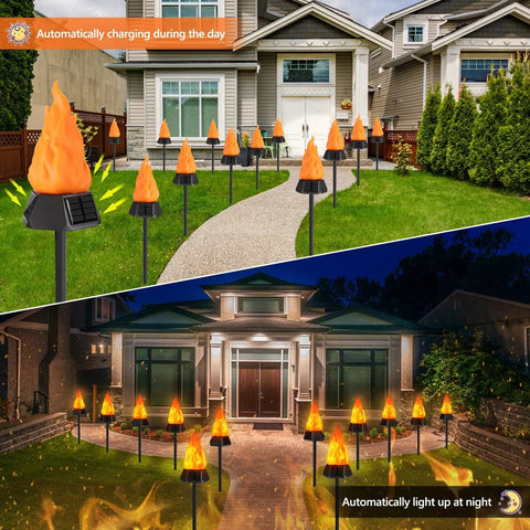 Solar Outdoor Torch Lights With Flickering Flame For Backyard And Garden Decor Waterproof LED Pathway Lanterns for Patio shown in front yard during day and night
