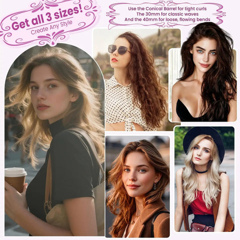Collage of women with styled hair using Conical Long Hair Barrel Attachment For Dyson Airwrap HS01 HS05 HS08