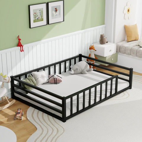Safe Toddler Floor Bed With Rails And Door Full Size Montessori Bed For Ages 2 To 5 Low Profile Metal Platform Heavy Duty