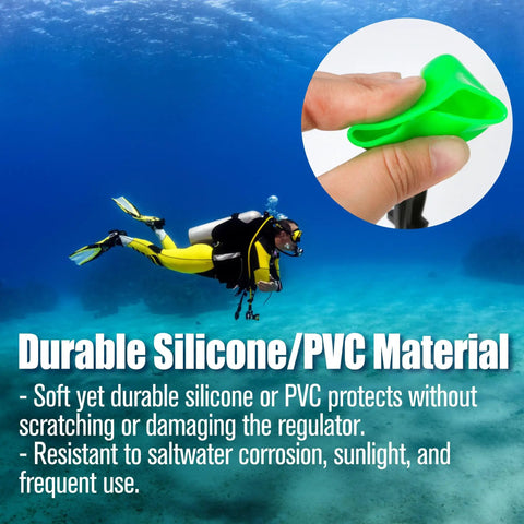 Diver holding Must Have Regulator Mouthpiece Cover Clip On For Diving And Snorkeling Protects Mouthpiece And Hose From Dirt Sand Debris Durable Silicone Dust Protector Cap For Octopus Holder And Dive Gear in ocean.