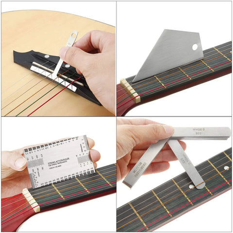 17 Piece Guitar Setup Kit For Electric And Acoustic Guitars With Notched Radius Gauges Neck Radius Ruler Fret Rocker displayed in use