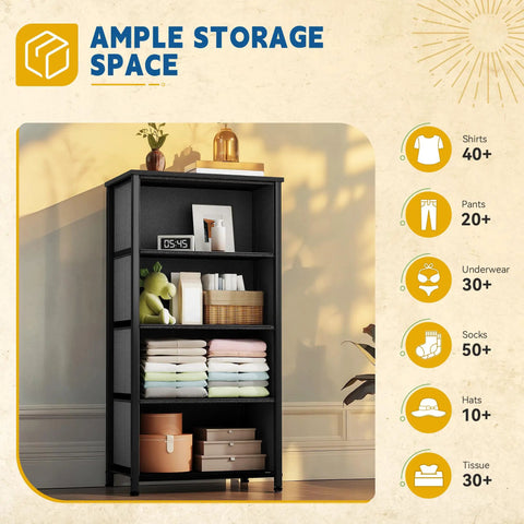 Image of a Four Drawer Fabric Storage Tower With Steel Frame And Wooden Top Built Tough For Bedroom Living Room And Closets showing ample storage.