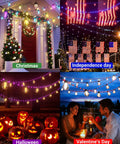 50Ft Outdoor RGBW Rope Fairy String Lights With Bluetooth App Control And Remote Dimmable Color Changing G40 Lit Patio Lights for various festive occasions including Christmas, Independence Day, Halloween, and Valentine's Day.