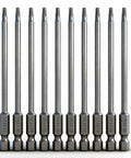 Tough As Nails T15 Security Torx Bits Set Packs Ten 4 Inch Long Magnetic Driver Tips forged from S2 alloy steel for repair work.