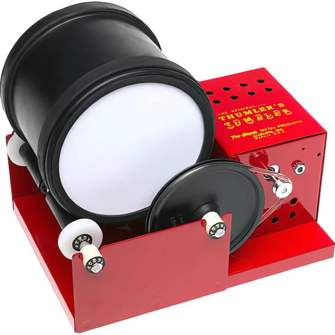 Beginner Friendly Rock Polisher Tumbler With 3 Pound Capacity, One Rubber Barrel, And 115 Volt Continuous Duty Motor on red base.