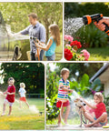 Kids and adults using garden hoses with quick-connect fittings for washing car, watering flowers, and playing with dog outdoors