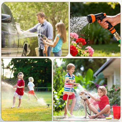 Kids and adults using garden hoses with quick-connect fittings for washing car, watering flowers, and playing with dog outdoors