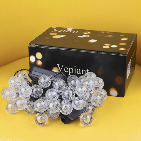 Solar Powered String Lights With 200 LEDs, 72 ft Long, 8 Modes, Waterproof Crystal Globe Balls in packaging.