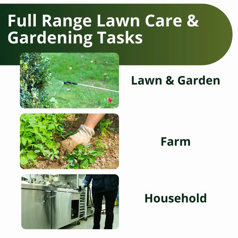 Two Gallon Garden Pump Sprayer For Landscaping With Brass Nozzle shown in lawn, garden, farm, and household applications