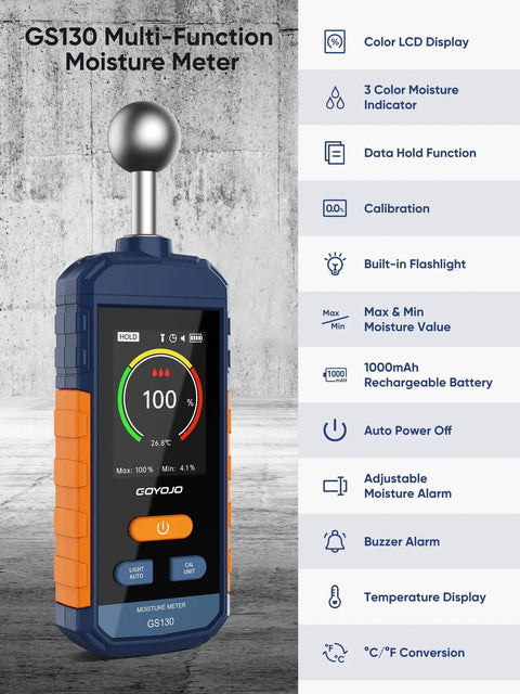 Pinless Moisture Meter For Wood Walls And Drywall With Digital Readings, Firewood Moisture Tester And Concrete Reader, Go To USB C Rechargeable Humidity Tester For Home Renovation And DIY Inspections, Fast 3 Second Readings, GS130 display