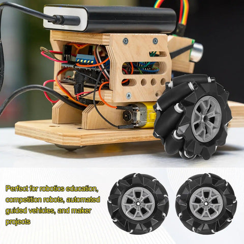 2Pack Mecanum Wheels Set For Smart Robot Cars, 97mm Omnidirectional Wheels With 3.82mm ABS Rubber Left Drive, Black, shown on DIY robot project