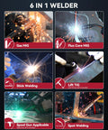 All In One 6 In 1 MIG Welder With Gas, Flux Core, Stick MMA, Lift TIG, Spot Weld, Spool Gun Ready Aluminum Multi Process Welder, 200Amp, LED Display, Burn Back Adjustment, 110V 220V; image showing various welding processes.