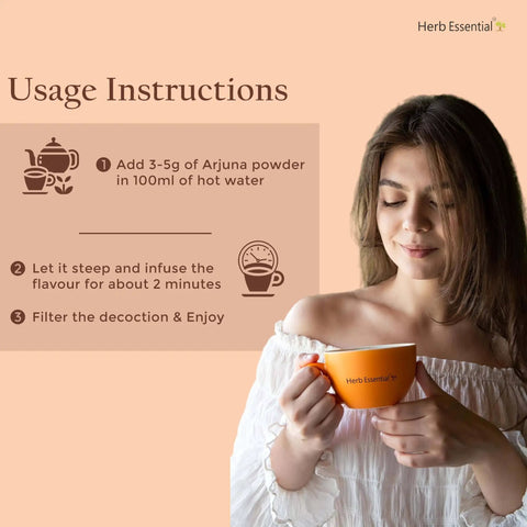 Woman holding cup with usage instructions for All Natural Arjuna Powder For Heart Health And Wellness, Terminalia Arjuna Bark Supplement